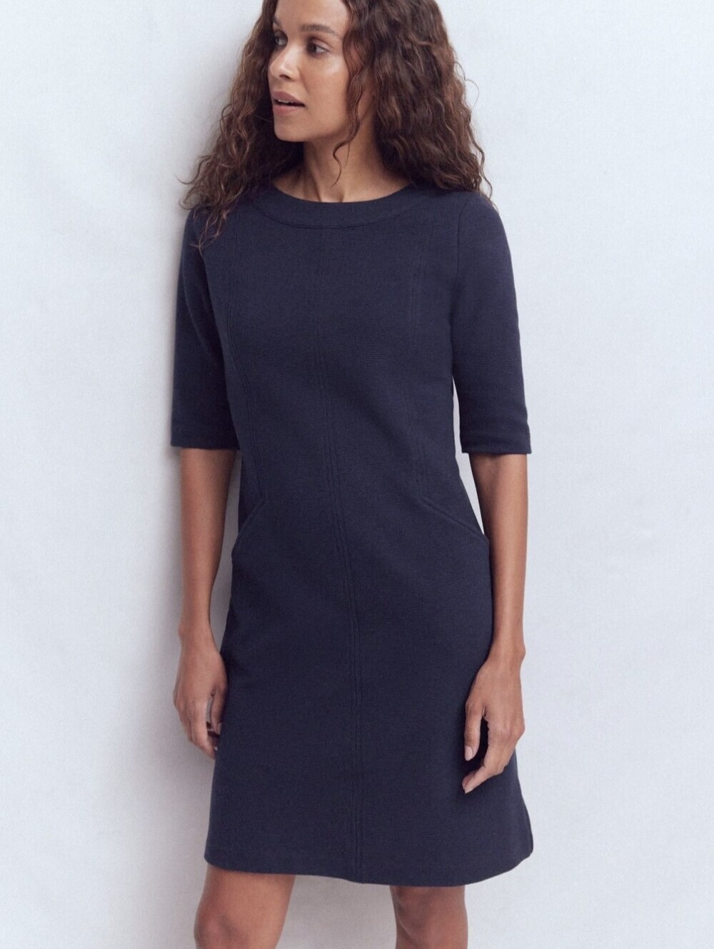 Boden Sage Navy Blue Ribbed Ottoman Shift Dress 3/4 Sleeve Sz 14L Pockets Cotton